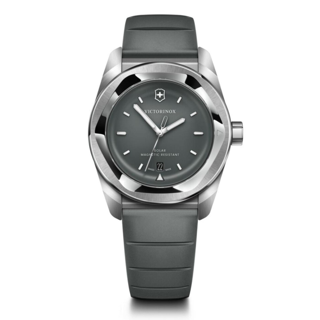 Victorinox watch with gray strap and face on a white background