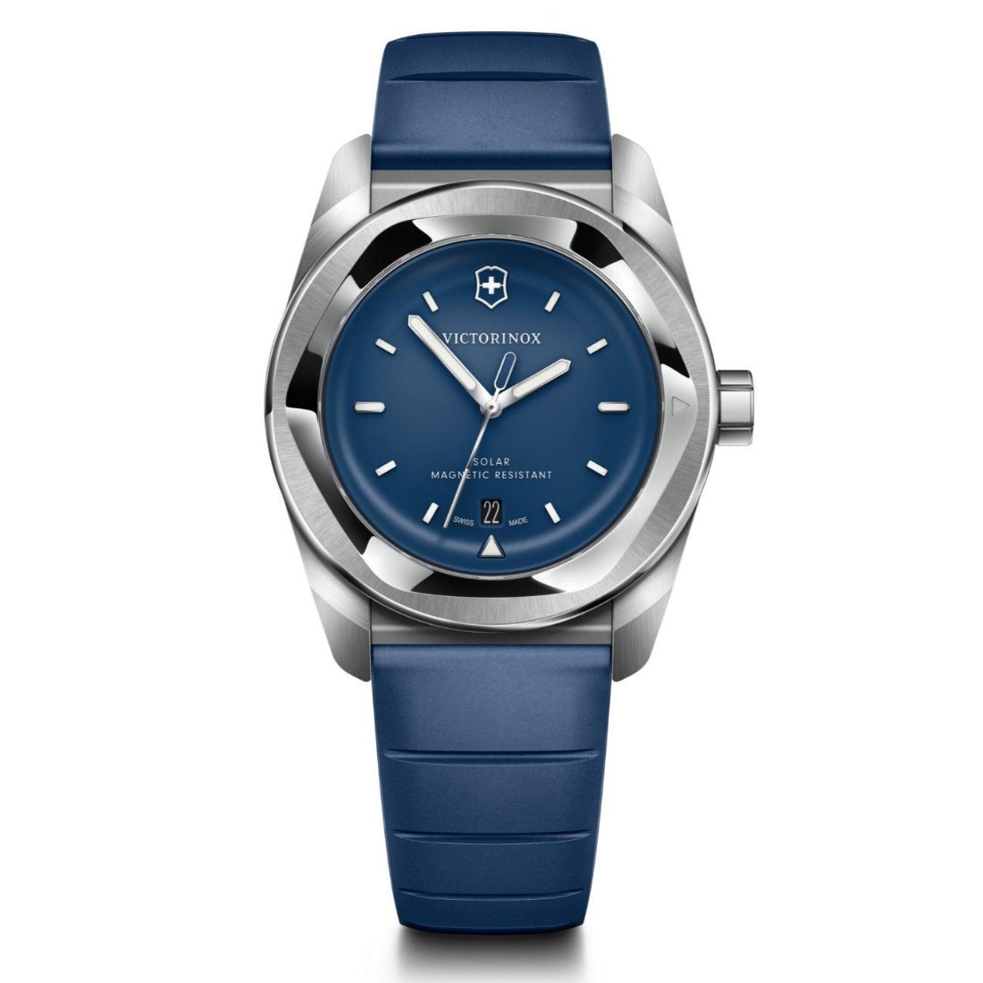 Victorinox watch with blue strap and blue dial on a white background