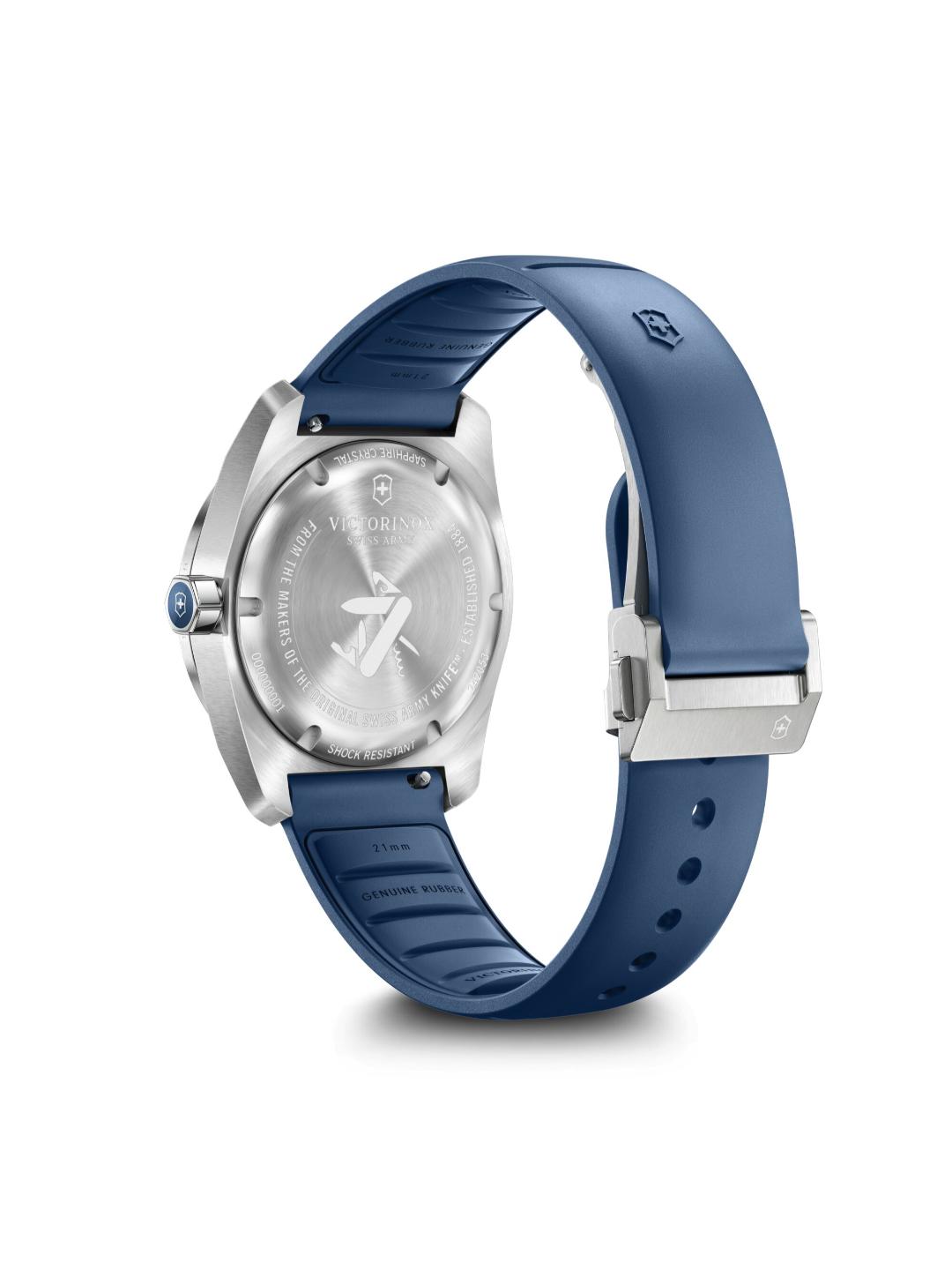 Wristwatch with blue strap and silver case on a white background