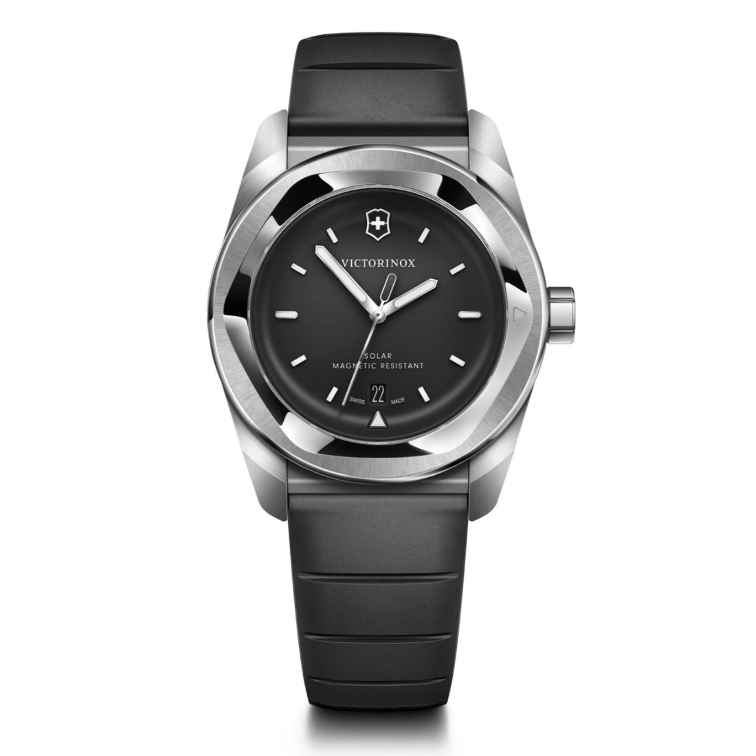 Victorinox watch with black strap and black dial on a white background