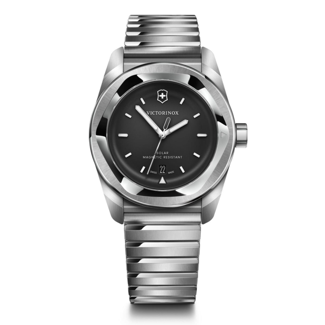 Silver Victorinox watch with black dial on a white background