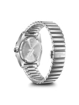 Silver watch with a metallic band on a white background