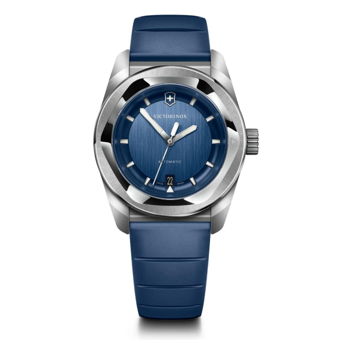 Victorinox watch with blue strap and face on a white background