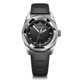 Victorinox watch with black strap and silver case on white background