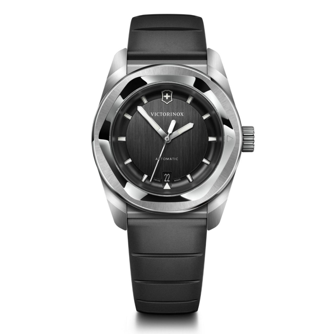 Victorinox watch with black strap and silver case on white background