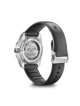 Watch with black strap and silver case on a white background