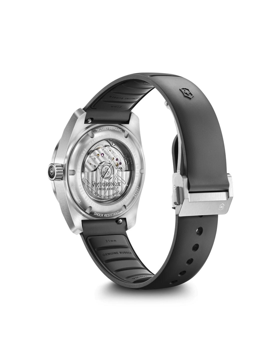 Watch with black strap and silver case on a white background