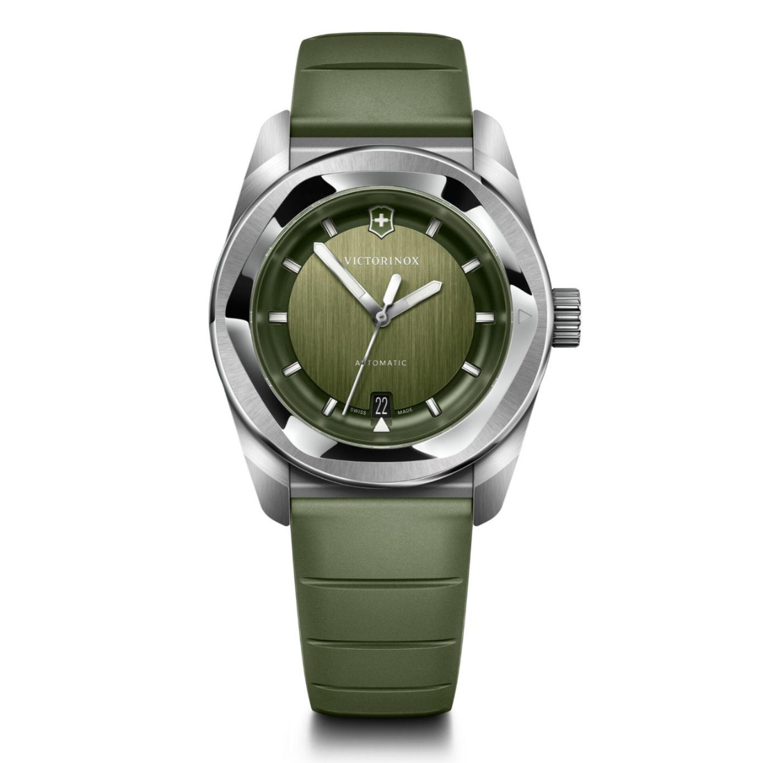 Green watch with silver case on a white background