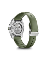 Watch with black strap and silver case on a white background