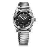 Silver Victorinox watch with black dial on a white background