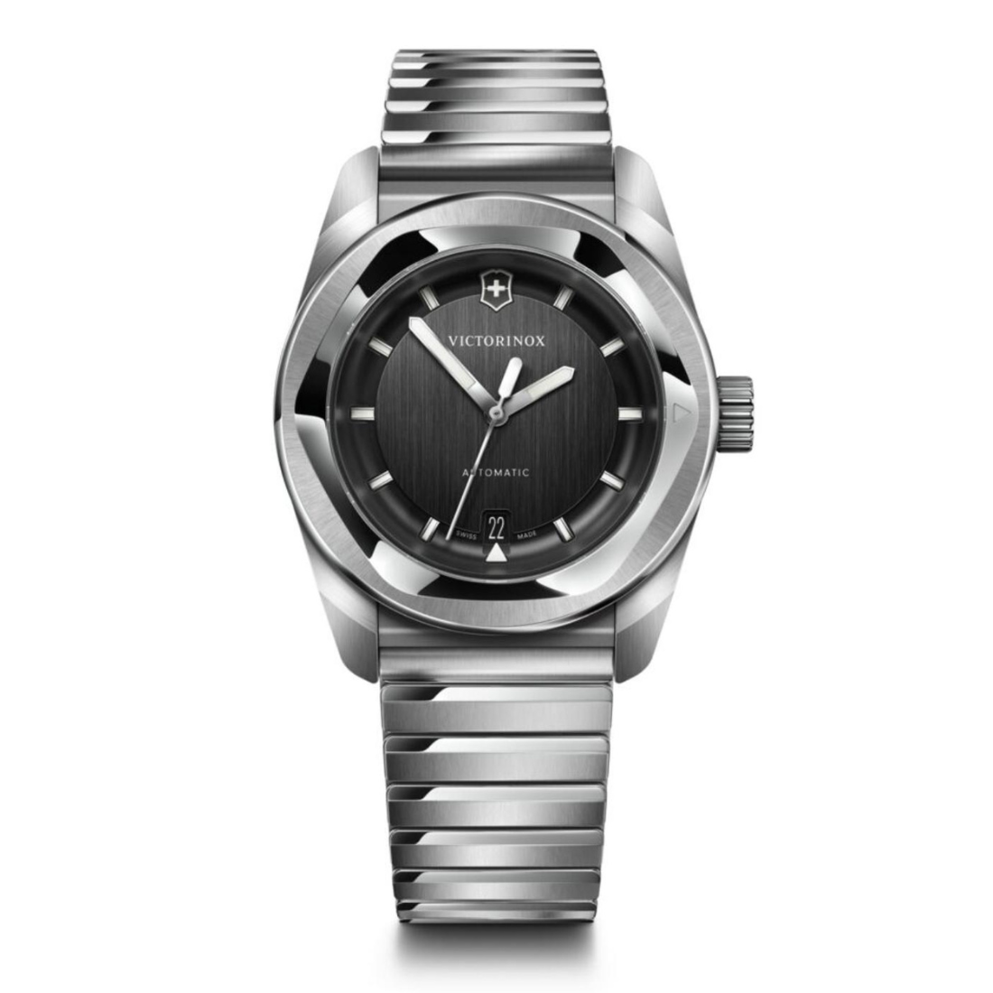 Silver Victorinox watch with black dial on a white background