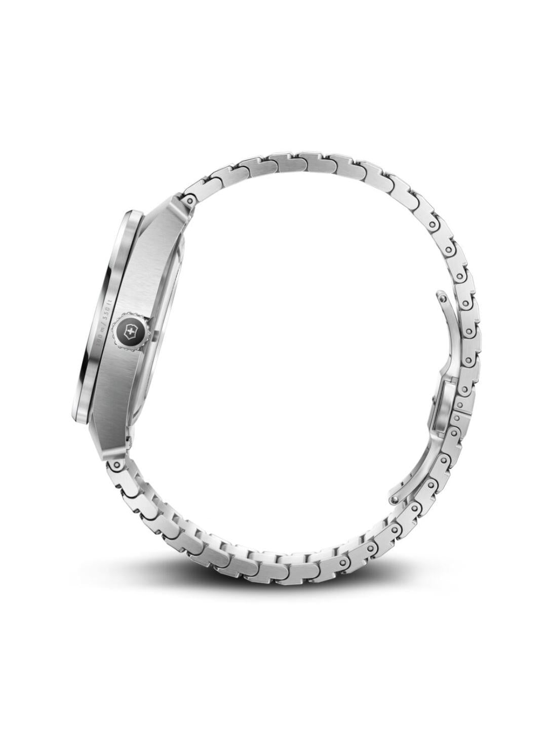 Silver watch band on a white background