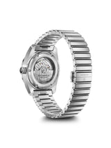 Silver watch with a detailed face on a white background