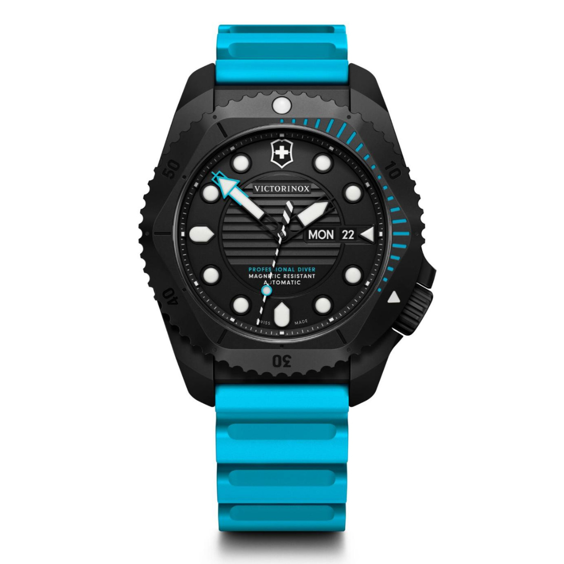 Victorinox watch with black case and blue rubber strap on a white background