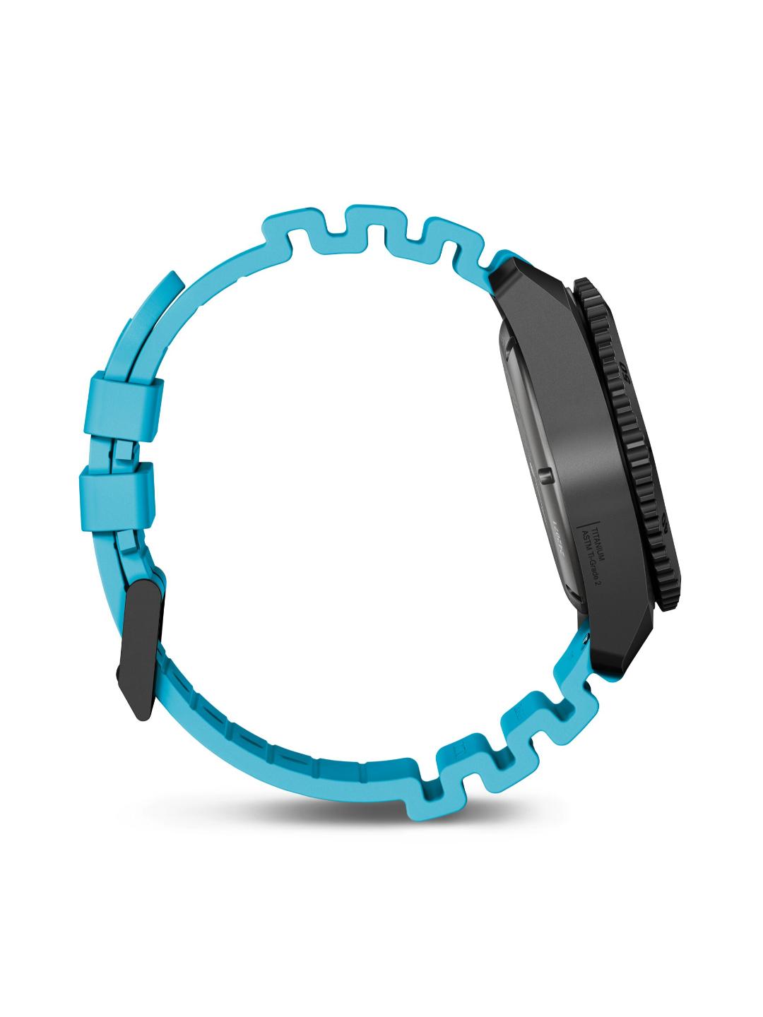 Black watch with a blue, wavy band on a white background