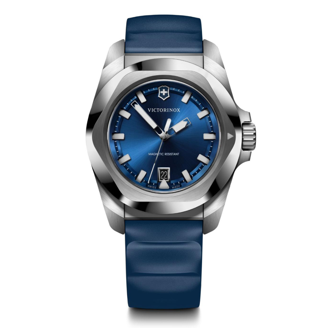 Victorinox watch with blue strap and blue dial on a white background