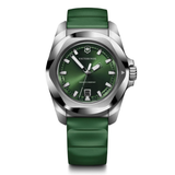 Green watch with silver case and green strap on white background