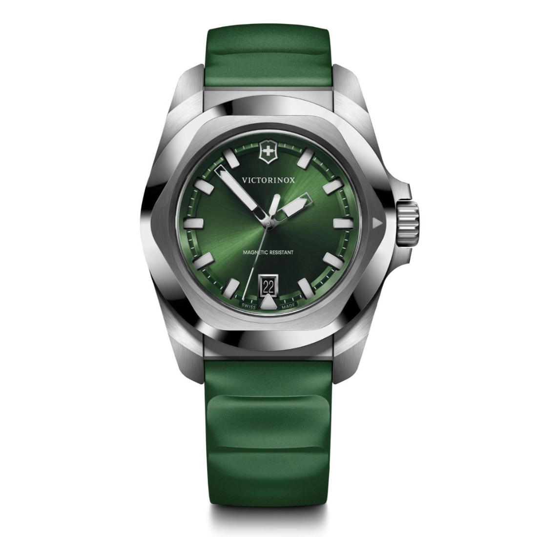 Green watch with silver case and green strap on white background