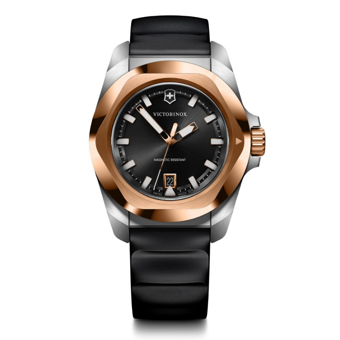 Victorinox watch with black strap and rose gold accents on a white background