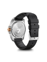 Watch with black strap and silver case on a white background