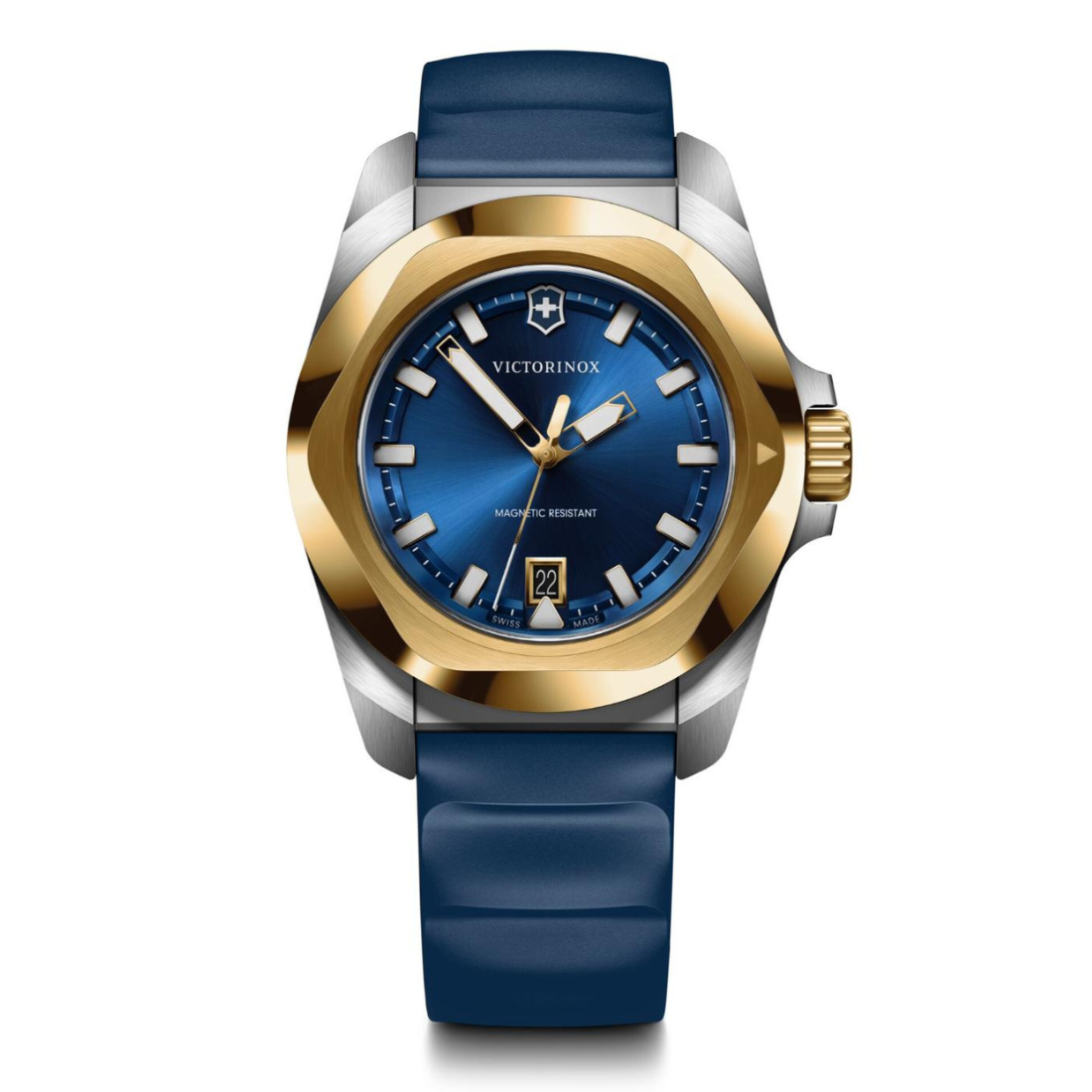 Victorinox watch with blue strap and gold and silver casing on a white background