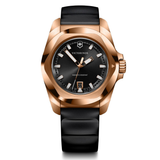 Victorinox watch with rose gold case and black strap on white background