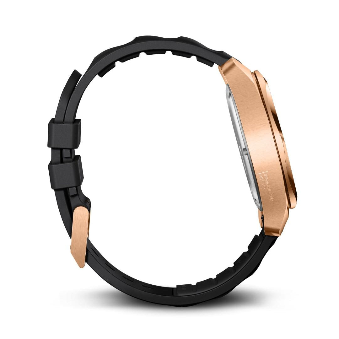 Smartwatch with black band and rose gold case on a white background