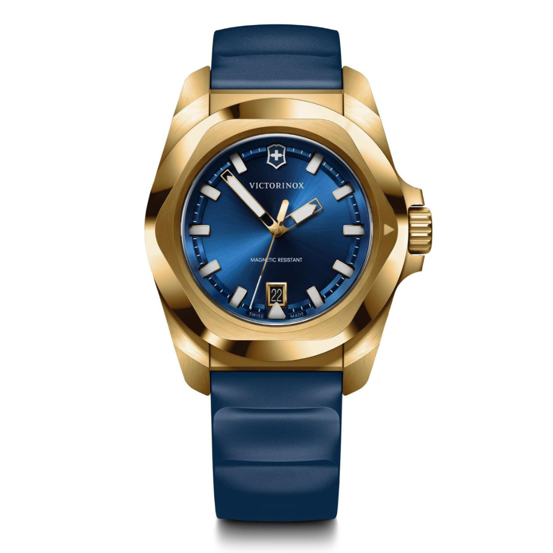 Victorinox watch with gold case and blue strap on a white background