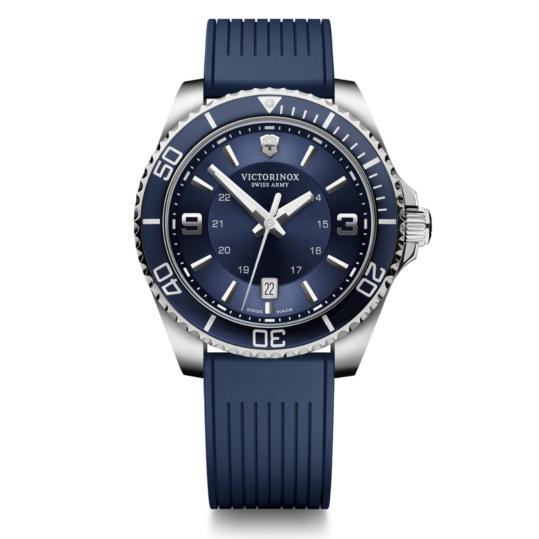 Victorinox watch with blue strap and face on a white background