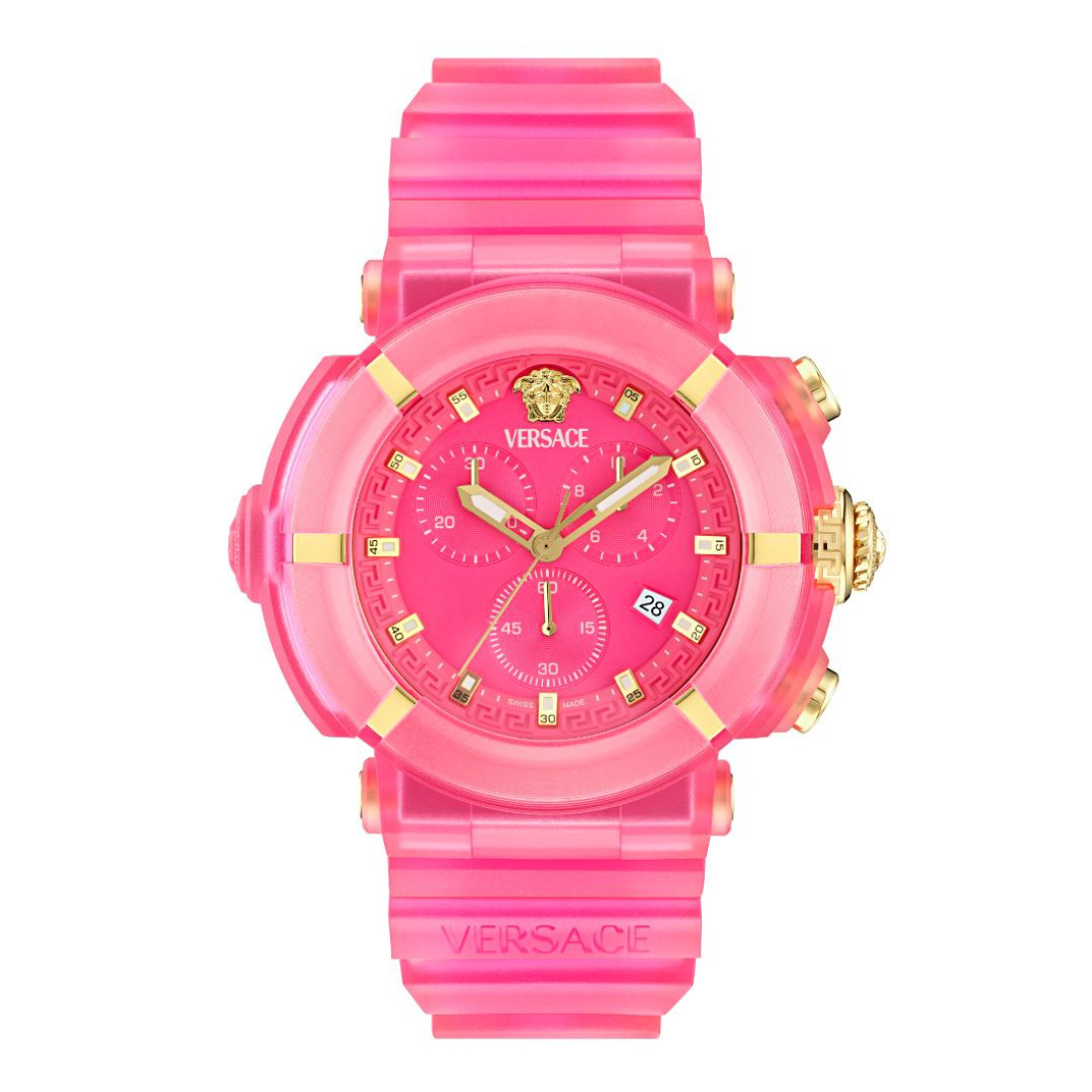 Pink Versace watch with gold accents on a white background