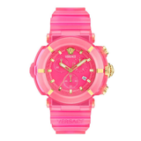 Pink Versace watch with gold accents on a white background