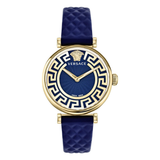 Versace watch with blue strap and gold accents on a white background