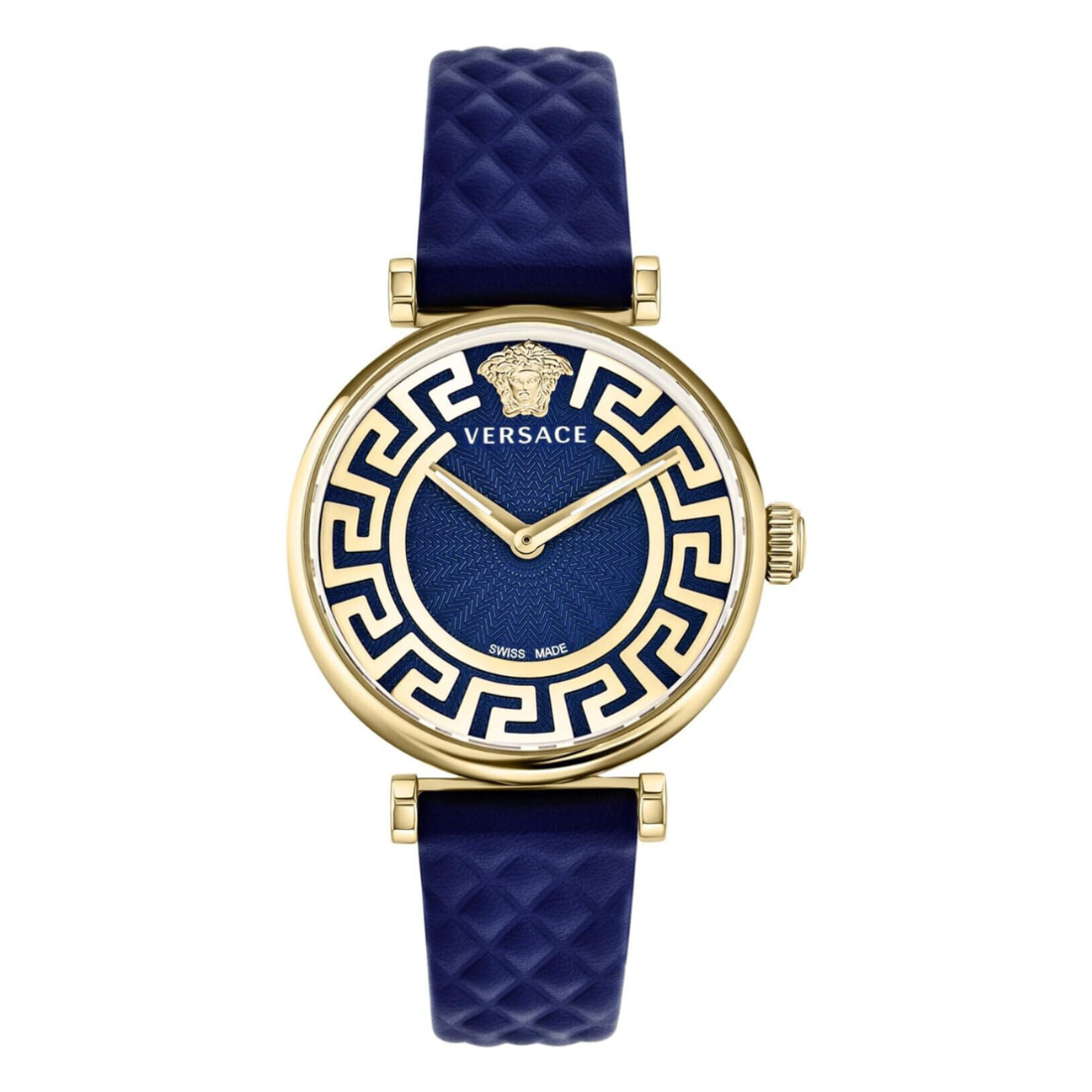 Versace watch with blue strap and gold accents on a white background