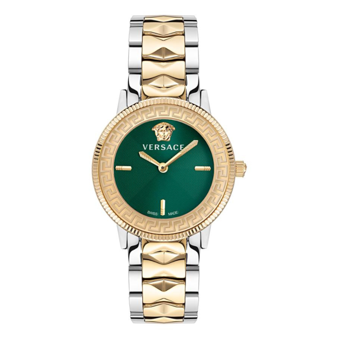 Versace watch with green dial and two-tone gold and silver bracelet on white background
