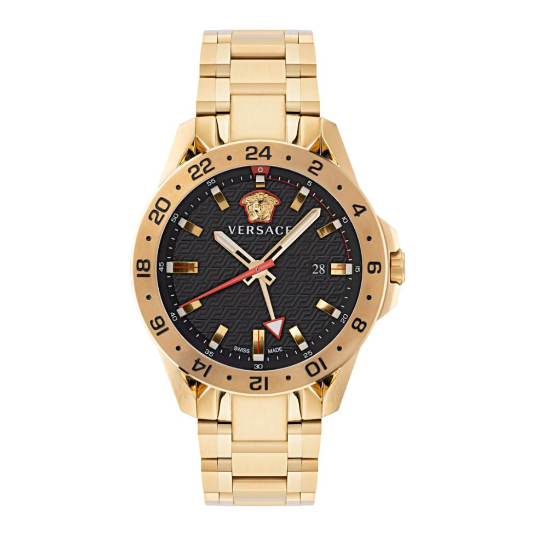 Versace watch with gold strap and black dial on a white background