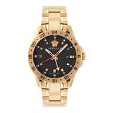 Versace watch with gold strap and black dial on a white background
