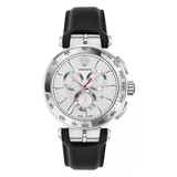 Versace watch with black leather strap on a white background