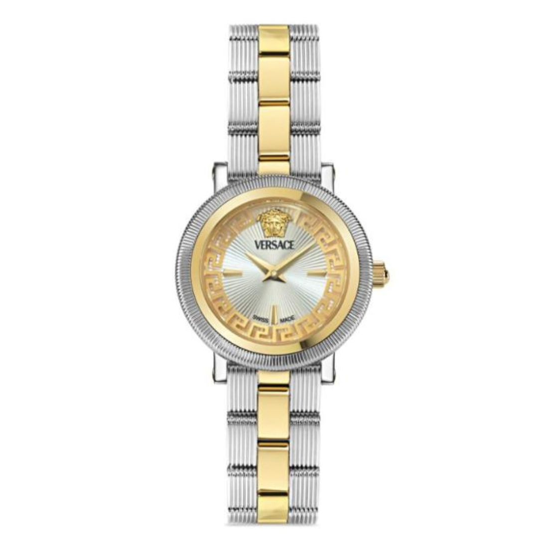 Versace watch with two-tone metal strap on a white background