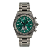 Versace watch with green dial and silver metal strap on white background