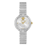 A silver-toned Versace women's analog watch with a diamond-accented bezel and a silver dial featuring the Versace logo.
