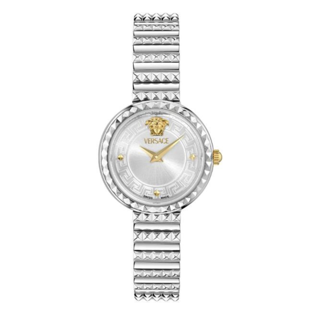 A silver-toned Versace women's analog watch with a diamond-accented bezel and a silver dial featuring the Versace logo.