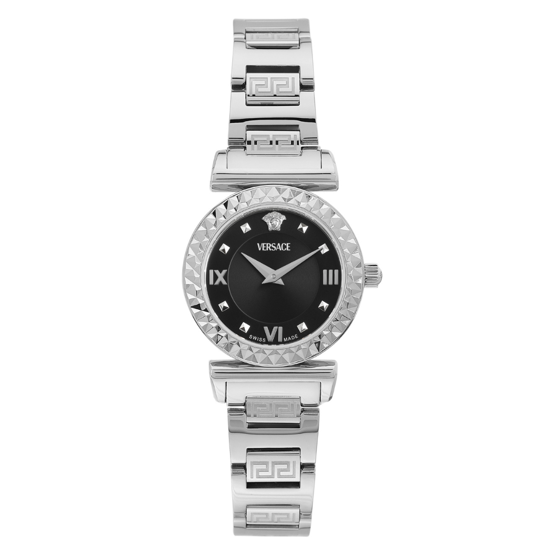 Versace watch with black dial and silver metal bracelet on a white background