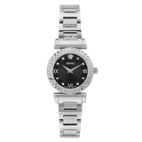 Versace watch with black dial and silver metal bracelet on a white background