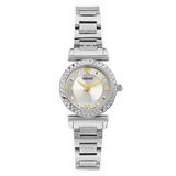 Silver Versace watch with a white dial on a white background