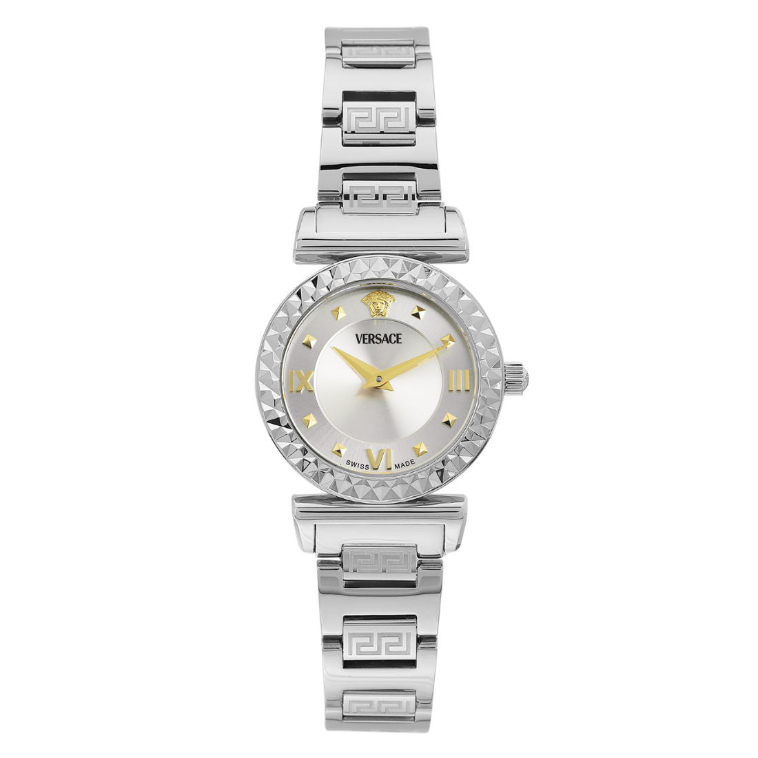Silver Versace watch with a white dial on a white background
