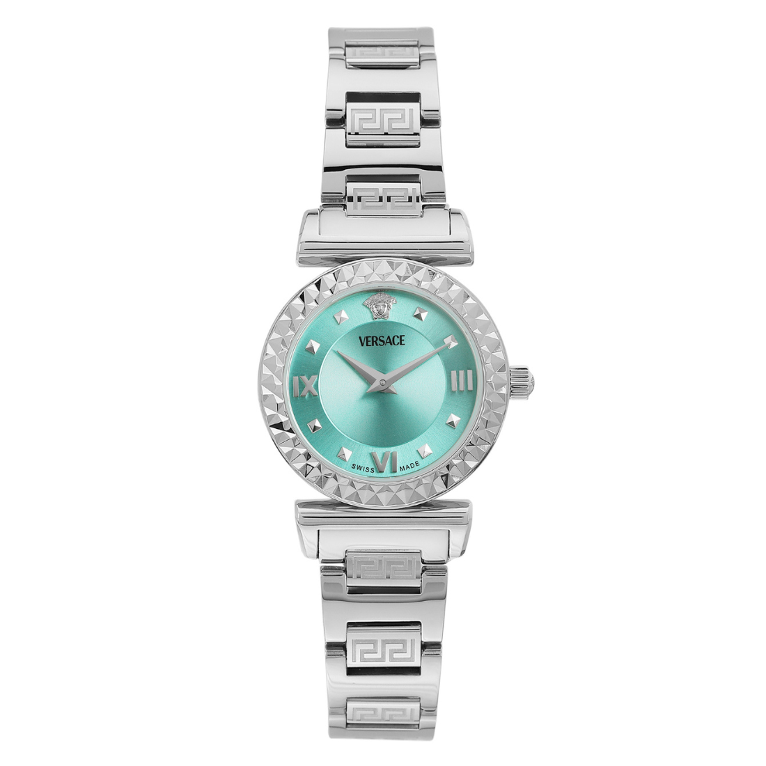 Versace watch with silver band and turquoise dial on a white background