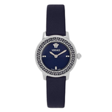 Versace watch with blue strap and navy dial on a white background