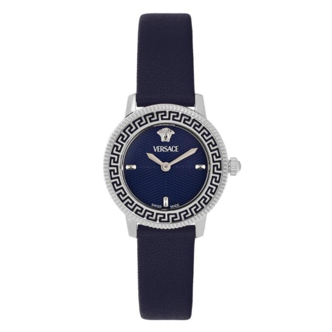 Versace watch with blue strap and navy dial on a white background