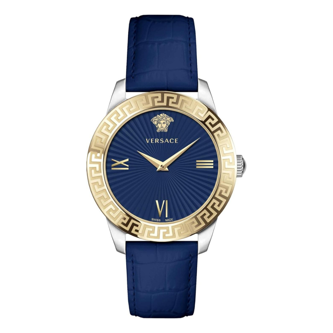 Versace watch with blue strap and gold bezel on a white background