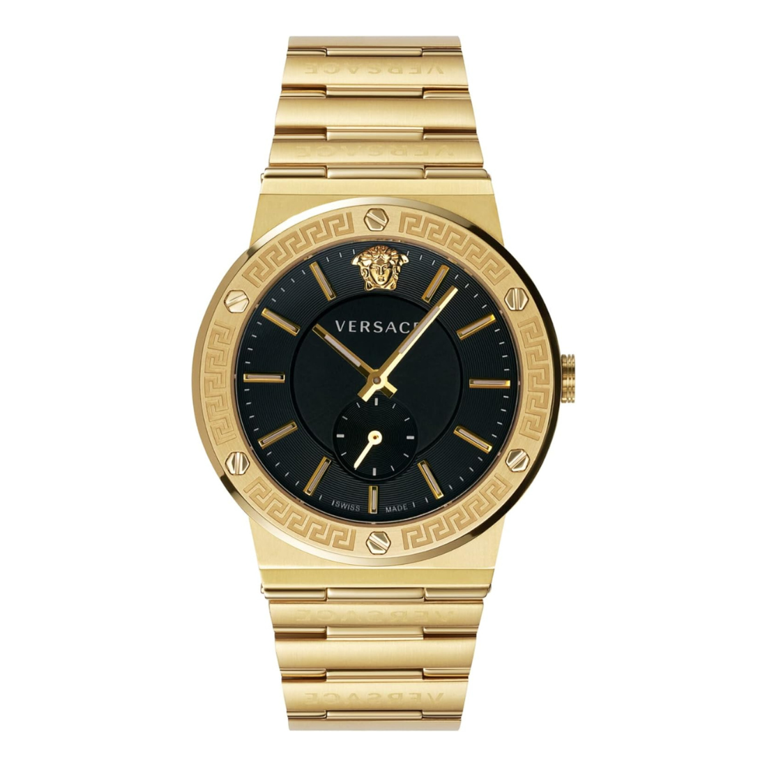 Gold Versace watch with black face on a white background
